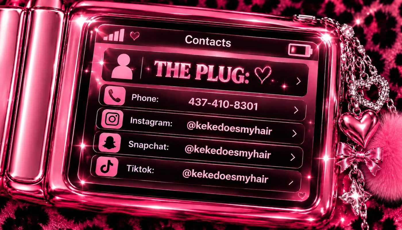 Keke's contact card: phone 437-410-8301 and @kekedoesmyhair on Instagram, Snapchat and TikTok